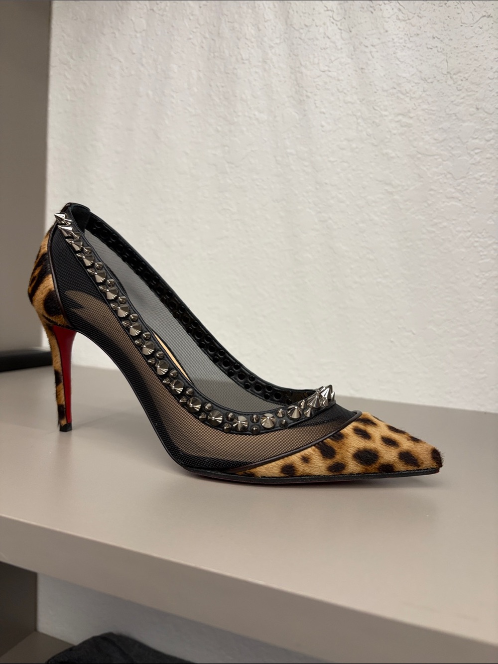 Christian Louboutin Leopard Print Studded Mesh Pointed Pump with Red Sole